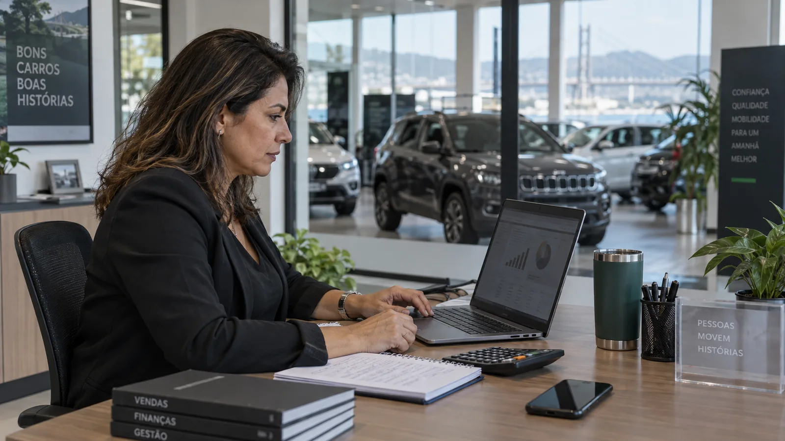 Gestora revisa as finanças da loja com notebook e calculadora.