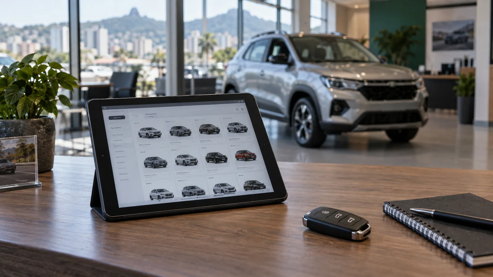 Tablet e chaves sobre a mesa de atendimento de uma revenda de veículos.