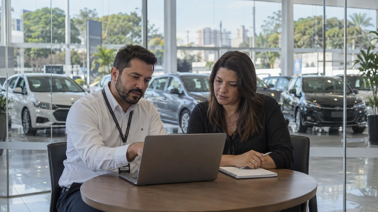 Dois gestores avaliam a operação de uma loja brasileira de veículos.