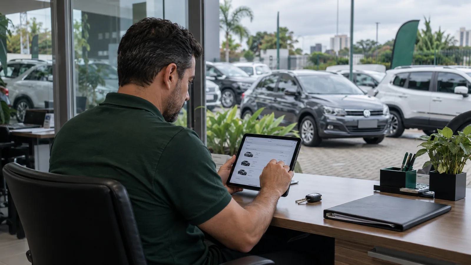 Lojista confere documentos de entrada de um veículo em uma revenda brasileira.