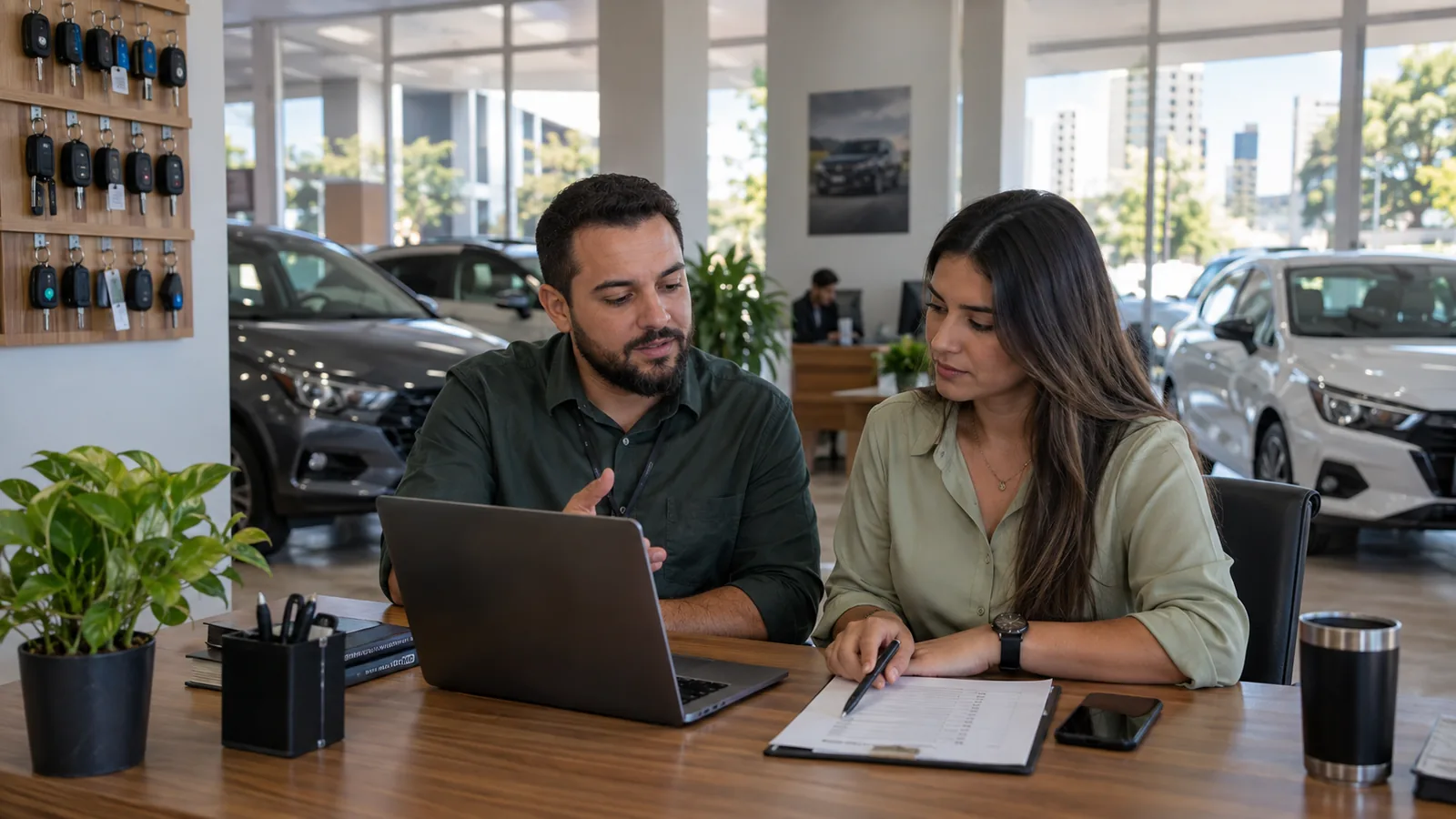 Equipe de uma loja de veículos revisa os processos no notebook.