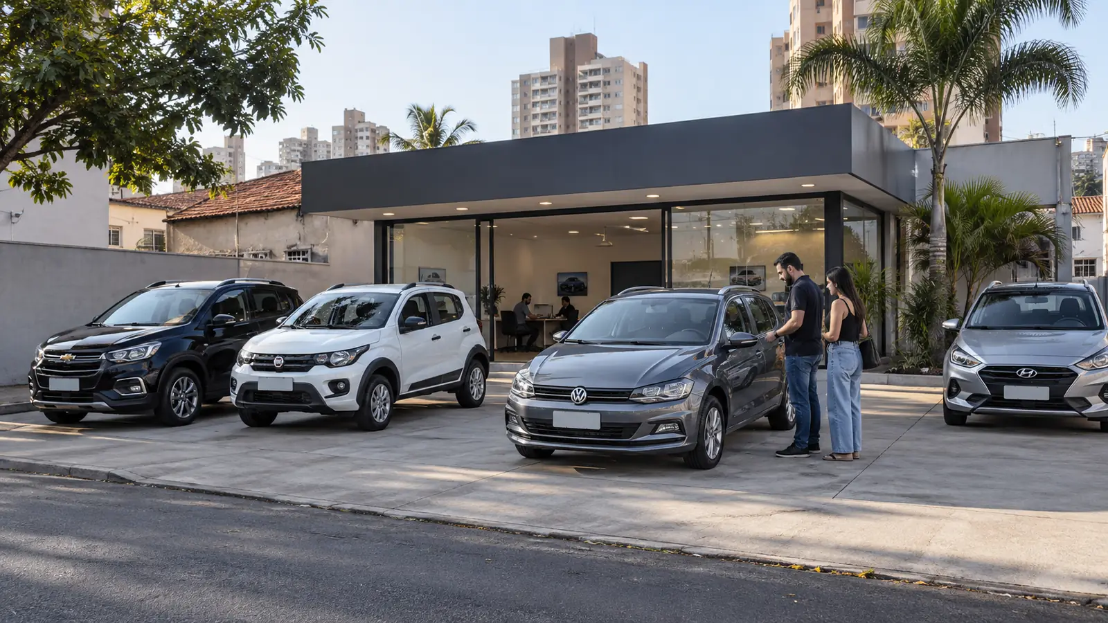 Fachada de uma nova loja brasileira de seminovos com veículos no pátio.