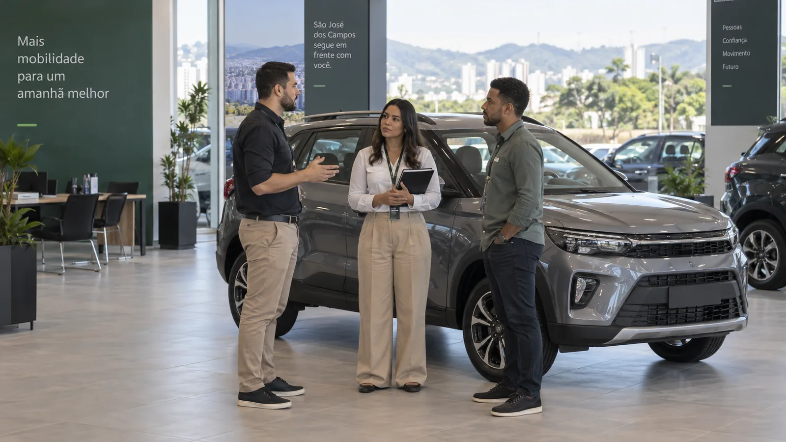 Equipe comercial se reúne junto ao pátio de uma revenda brasileira.