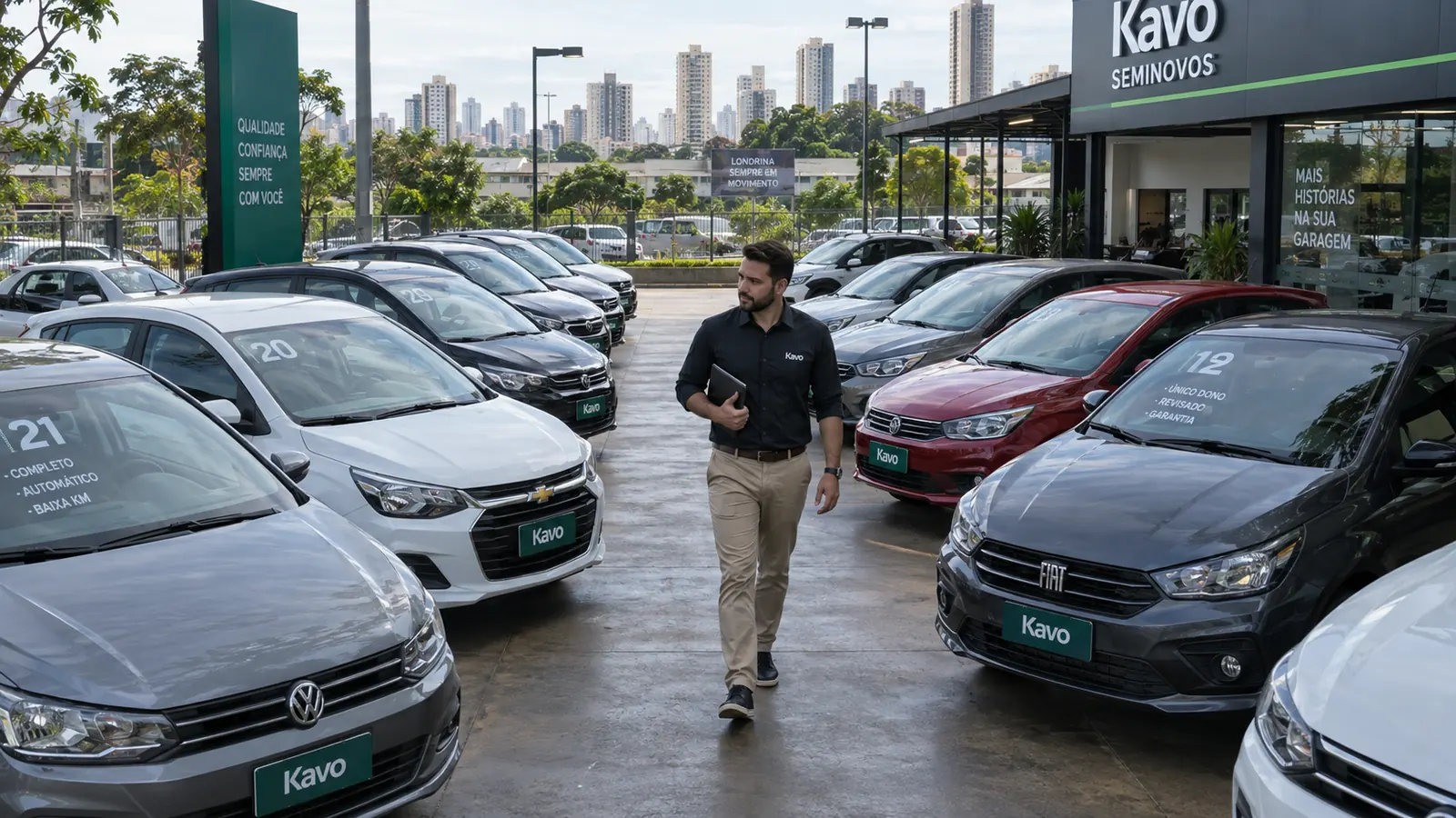 Lojista acompanha a organização dos veículos no pátio da revenda.