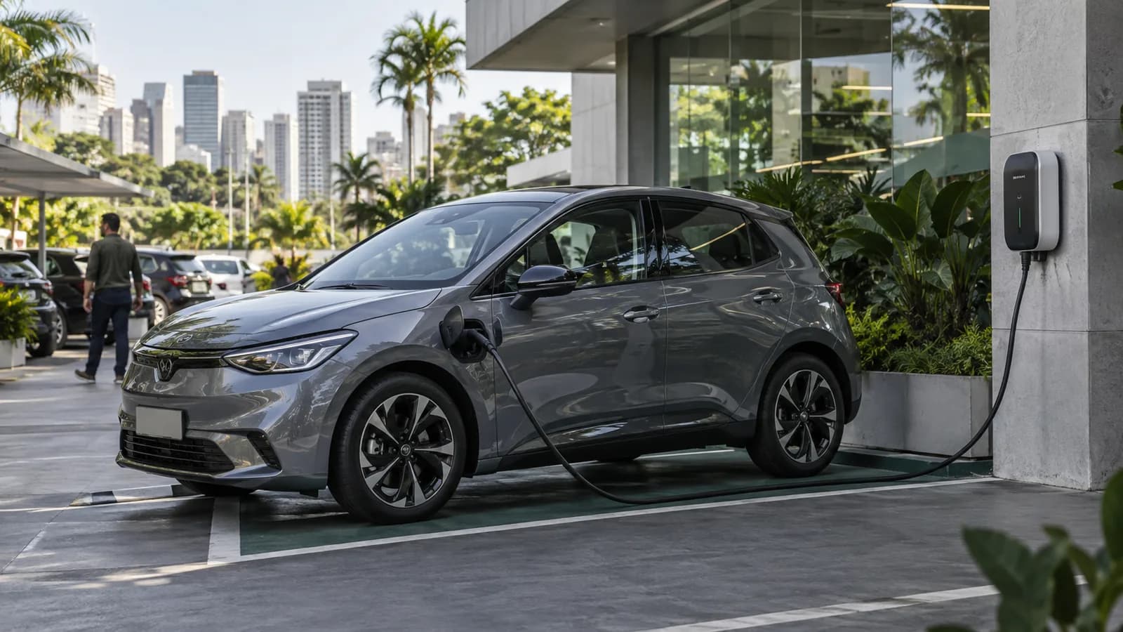 Veículo elétrico compacto recarrega em um estacionamento brasileiro.