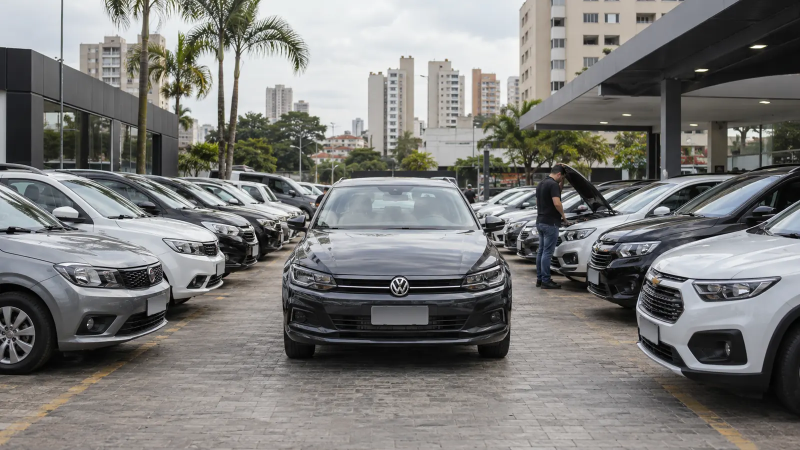Veículos seminovos no pátio de uma loja de bairro no Brasil.
