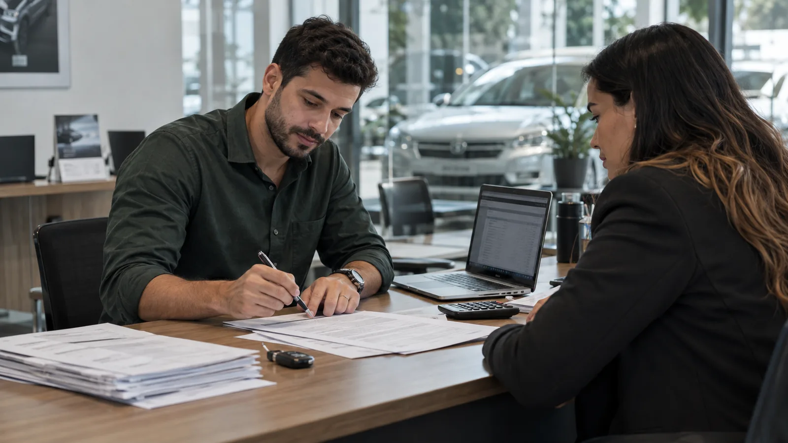 Documentos fiscais, notebook e chave na mesa administrativa da revenda.