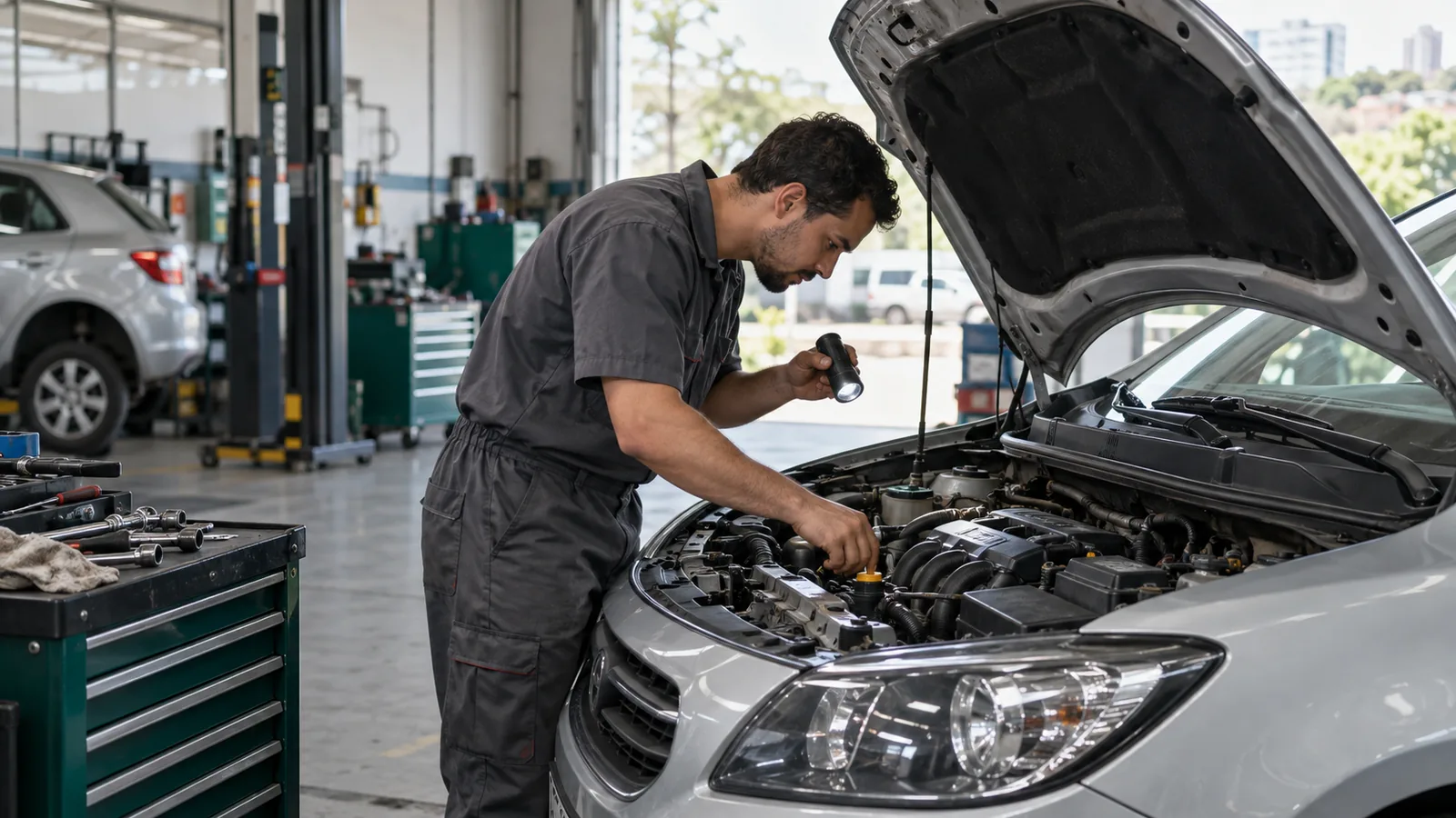 Técnico inspeciona um veículo em uma oficina brasileira.