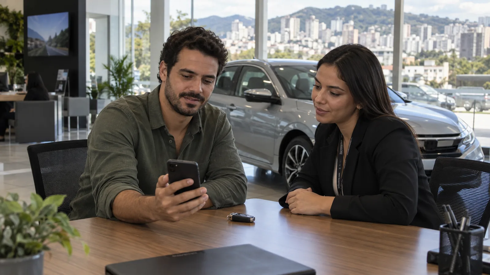 Comprador e lojista conferem a transferência digital de um veículo.